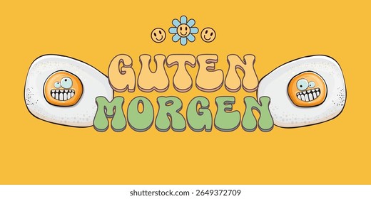 Guten morgen (Bom Dia em Alemão) citação com bonitinho personagem de ovo e texto retro groovy isolado no fundo rosa. Vetor Guten morgen slogan engraçado e manhã fofo ovo frito. Faixa, cartaz