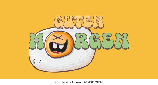 Guten morgen (Bom Dia em Alemão) citação com bonitinho personagem de ovo e texto retro groovy isolado no fundo rosa. Vetor Guten morgen slogan engraçado e manhã fofo ovo frito. Faixa, cartaz