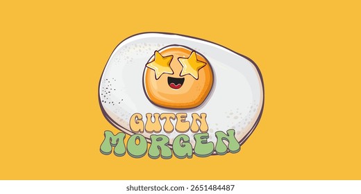Guten morgen (Bom Dia em Alemão) citação com bonitinho personagem de ovo e texto retro groovy isolado no fundo rosa. Vetor Guten morgen slogan engraçado e manhã fofo ovo frito. Faixa, cartaz