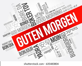 Guten Morgen (Good Morning in German) word cloud in different languages, conceptual background