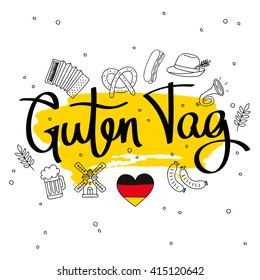 Guten Tag. Word hello in German. Fashionable calligraphy. Vector illustration on white background with a smear of yellow ink.