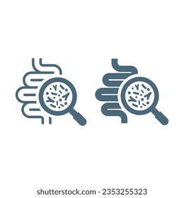 Guts or intestines with microbiome vector icon. Bowels with magnifying glass and bacteria or microbiota symbol.