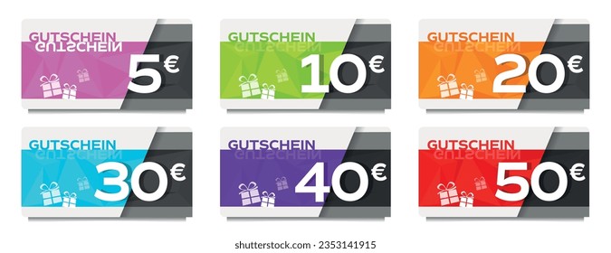 Gutschein, gift voucher in german languale a value of 5, 10, 20, 30, 40 and 50 euros