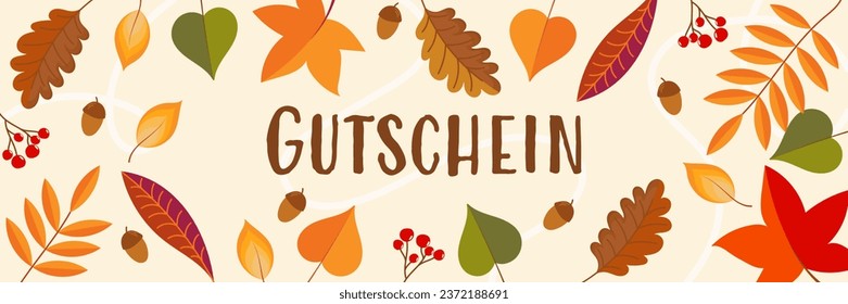 Gutschein - text in German language - Voucher. Autumnal coupon card with leaves, acorns and berries.