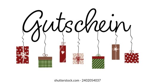 Gutschein - text in German language - Voucher. Voucher card with hanging Christmas packages.