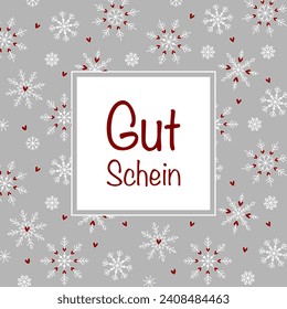 Gutschein - text in German language - Voucher. Square Voucher card with snow crystals and hearts.
