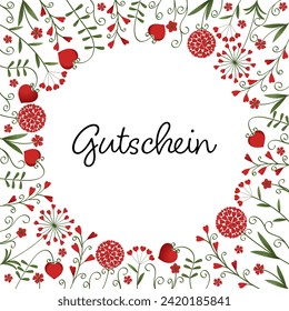Gutschein - text in German language - Voucher. Square voucher card with flowers made of red hearts.