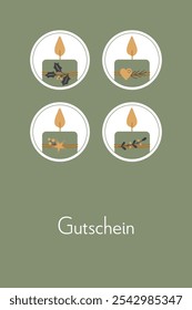 Gutschein - text in German language - Voucher. Voucher card with four decorated candles in green, gold and anthracite.