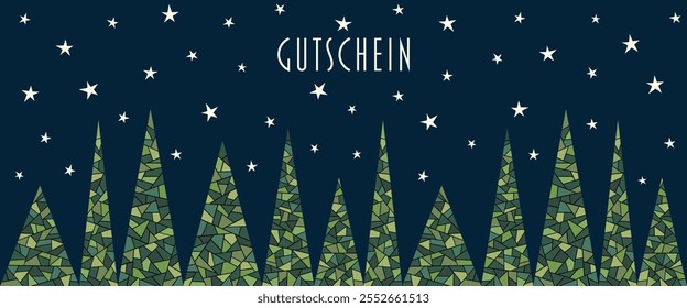 Gutschein - text in German language - Voucher. Voucher card with abstrakt fir trees in front of a starry sky.