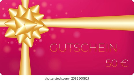 Gutschein, voucher, coupon. Hot pink gift card with gold bow and ribbon. Germany