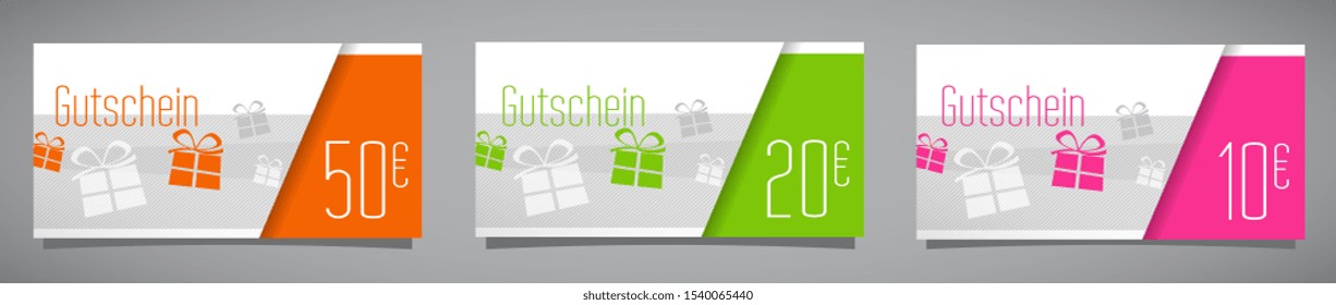 Gutschein, voucher in german a value of 10, 20, and 50 euros