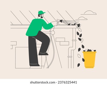 Gutter cleaning abstract concept vector illustration. Home maintenance, rooftop, construction business, roof repair, power wash, leaf and moss removal, downspout pipe, autumn abstract metaphor.