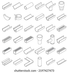 Gutter icons set. Isometric set of gutter vector icons outline thin lne isolated on white