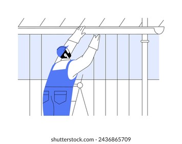 Gutter installation abstract concept vector illustration. Uniform dressed contractor installing pipes for potable water, waste drains, make a drain vents, exterior works abstract metaphor.