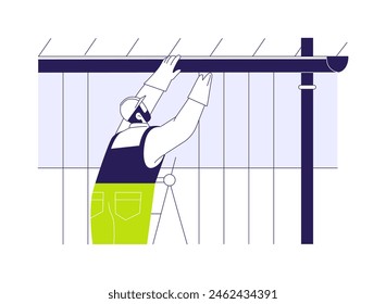 Gutter installation abstract concept vector illustration. Uniform dressed contractor installing pipes for potable water, waste drains, make a drain vents, exterior works abstract metaphor.