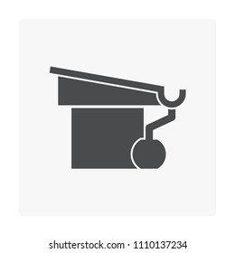 Gutter vector icon. Also call rain gutter or eavestrough. Include roof, home or building, downpipe or downspout, pipe and pipeline connect to water storage tank to protect building from rainwater drop