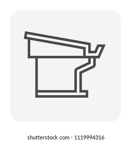 Gutter vector icon. Also call rain gutter or eavestrough. Include roof, building, downpipe or downspout, pipe and pipeline connect to drainage system to protect building from rainwater fall. 64x64 px.