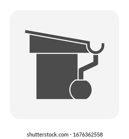 Gutter vector icon. Also call rain gutter or eavestrough. Include roof, home or building, downpipe or downspout, pipe and pipeline connect to water storage tank to protect building from rainwater drop