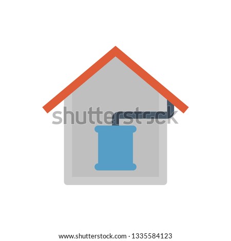Gutter vector icon. Also call rain gutter or eavestrough. Include roof, home or building, downpipe or downspout, pipe and pipeline connect to water storage tank to protect building from rainwater drop