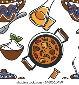 Guvech dish in pan cottage cheese Bulgarian dish seamless pattern vector Rakia drink and stew in pot, meat and vegetables with gravy endless texture food Bulgaria cuisine wallpaper print culinary