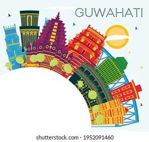 Guwahati India City Skyline with Color Buildings, Blue Sky and Copy Space. Vector Illustration. Travel and Tourism Concept with Historic Architecture. Guwahati Cityscape with Landmarks. 