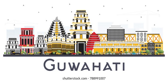 Guwahati India City Skyline with Color Buildings Isolated on White Background. Vector Illustration. Business Travel and Tourism Concept with Historic Architecture. Guwahati Cityscape with Landmarks.