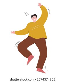 The guy is in active motion, shows, runs, screams. The man calls and dances. Vector flat graphics.