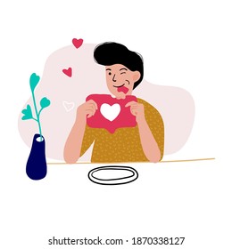 El tipo está activo en las redes sociales. Revisa las redes sociales para desayunar. depender de la opinión de otra persona. Alimenta el amor de los seguidores. Joven. Ilustración vectorial plana. 