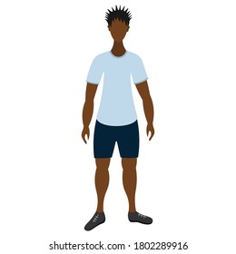 The guy is an African American with a stylish hairstyle. A man in a T-shirt, shorts and sneakers. Vector illustration. Isolated white background. The sportswear model leads a healthy lifestyle. 