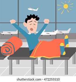 guy at the airport on the seats in the morning.situation at the airport.place to sleep