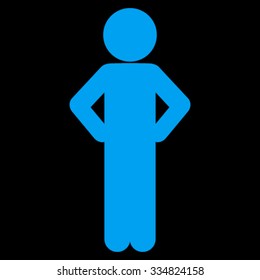 Guy Akimbo vector icon. Style is flat symbol, blue color, rounded angles, black background.
