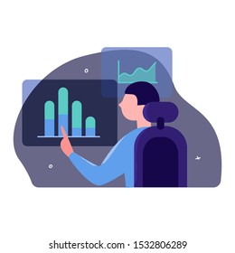 The guy analyzes the data on the charts. The man is engaged in the processing and analysis of collected data. He sits on a chair with his back to us and points to the display with his finger