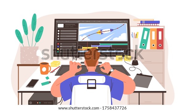 Guy animator at creation project process vector\
illustration. Male motion designer working on computer. Freelancer\
graphic creator at workplace. Back view man learn at online\
animation editor course