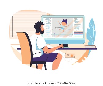 Guy animator designer in creative process vector illustration. Man motion designer sitting at workplace and working on computer. Freelancer graphic creator learn at online animation editor course.
