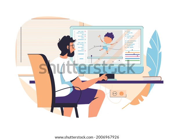 Guy animator designer in creative process vector\
illustration. Man motion designer sitting at workplace and working\
on computer. Freelancer graphic creator learn at online animation\
editor course.