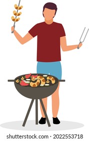 Tipo organizando parrilladas en el patio trasero de caracter vector de color semiplano. Cifras. Persona de cuerpo entero sobre blanco. Cocina al aire libre aislada de dibujos animados modernos para el diseño gráfico y la animación