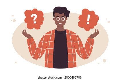 Guy asking question, dilemma concept vector illustration. Cartoon young male character making choice, solving problem, teen standing near question and exclamation mark in clouds isolated on white