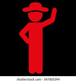 Guy Assurance vector icon. Style is flat symbol, red color, rounded angles, black background.