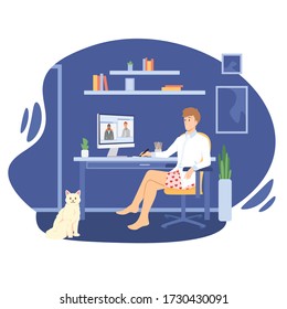El tipo asiste a una videoconferencia en sus calzoncillos con corazones. Conexión en línea. Ilustración vectorial aislada.