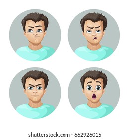 Guy avatar cartoon guy character set of facial expressions anger surprise dissatisfaction  irritation vector illustration