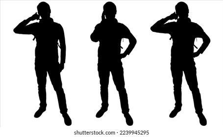 A guy with a backpack behind his back stands, put his hand to his ear, talks, and shows gestures. Front view, full face. Three black silhouettes are isolated on white. Men are tourists. Hiking tourist