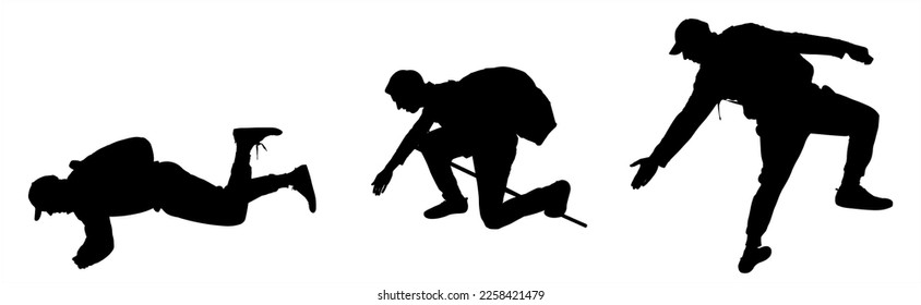 A guy with a backpack behind his back lies on his stomach, lowers his hand low, and provides assistance. Side view, profile. Rescuer. Rescuers lend a helping hand. Black silhouettes isolated on white	