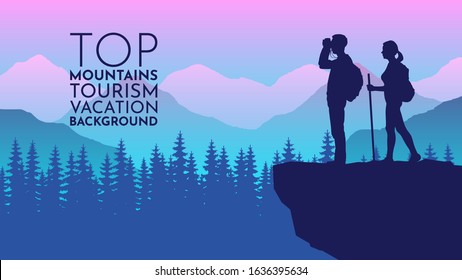 Guy with backpack and girl with a cane looks in binoculars at the top. Traveller or explorer standing on mountain. Active lifestyle invitation concept background. Concept of discovery.  Flat vector