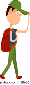 Guy with a backpack, illustration, vector on white background.