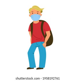 a guy with a backpack in a mask is waiting for his transport, a plane.