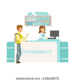 Guy With Backpack In Pharmacy Choosing And Buying Drugs And Cosmetics, Part Of Set Of Drugstore Scenes With Pharmacists And Clients