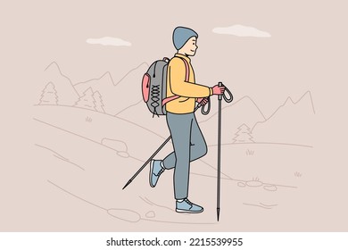 Guy mit Rucksack, Stöcke für Nordic Walking in der Natur. Mann beschäftigt sich mit Campingplatz, Tourismus, Reisen. Rückpackfahrt. Gesunder, aktiver Lebensstil. Vektorkontur Linie bunter Illustration.