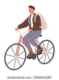 A guy with a backpack rides a bicycle. Cycling.Concept of mountain biking.