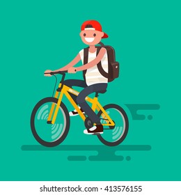 Guy with a backpack riding a bicycle. Vector illustration