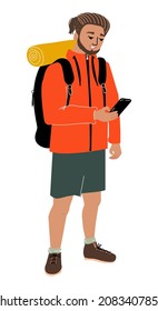 Guy with backpack and smartphone. Vector illustration.  Hiking and camping theme. 